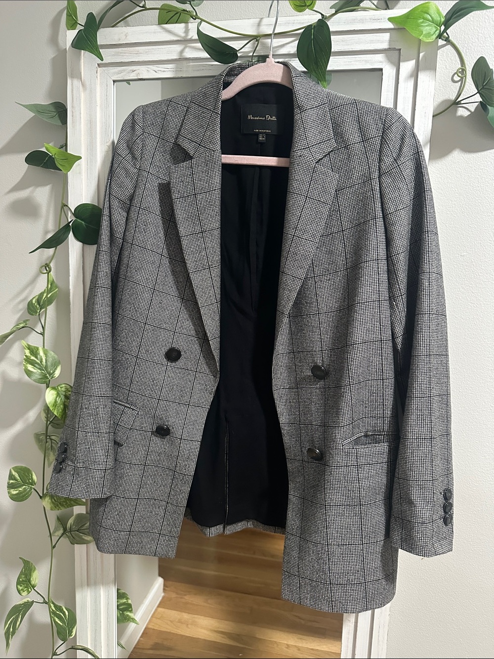 Massimo Dutti Gray Windowpane Double-Breasted Blazer